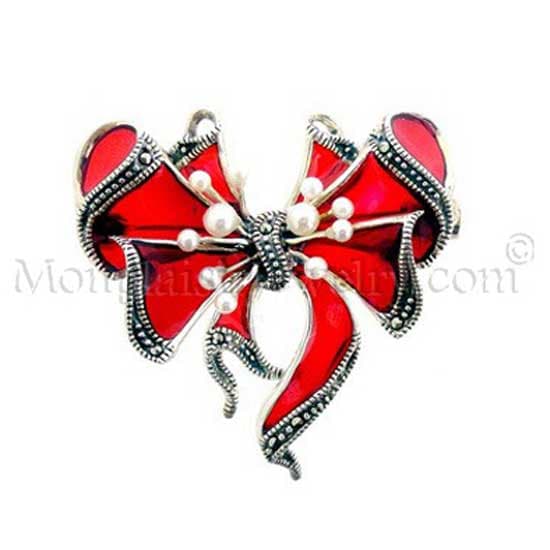 Red Ribbon Marcasite Pin