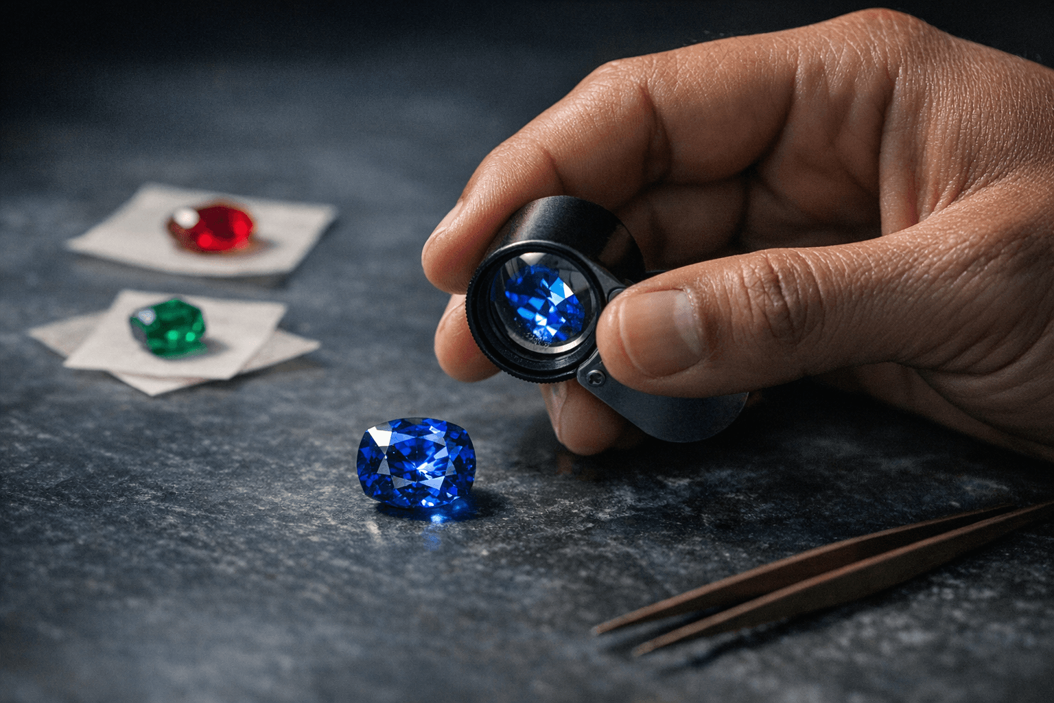 A gemologist inspects a sapphire with a jeweler's loupe on a dark matte surface
